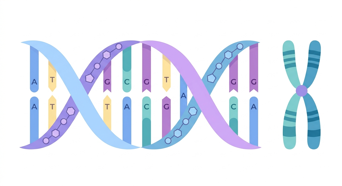 Illustration of a DNA double helix beside a chromosome.